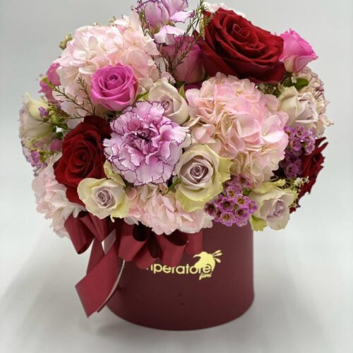 box/scatola ortensie,rose e garofani