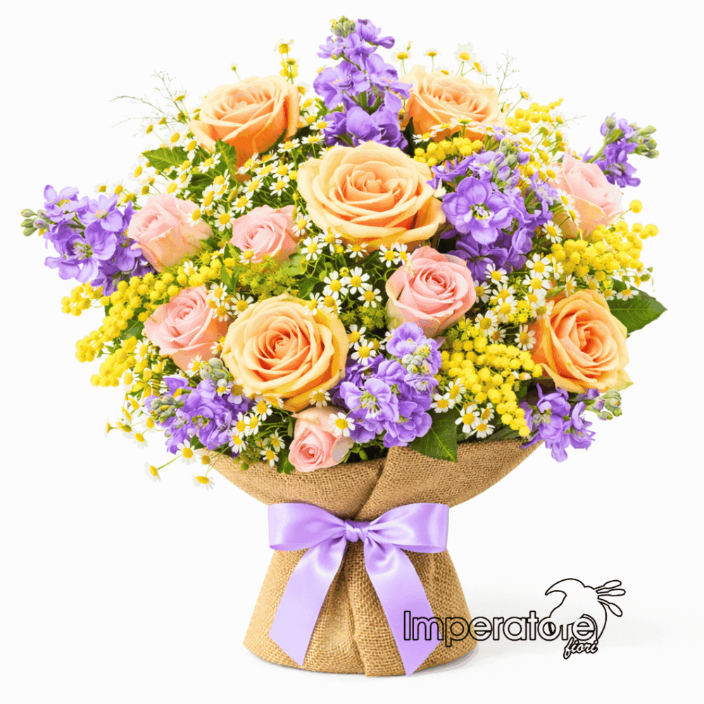 Bouquet Country Chic con Rose Pesca, Mimosa e Fiori di Campo