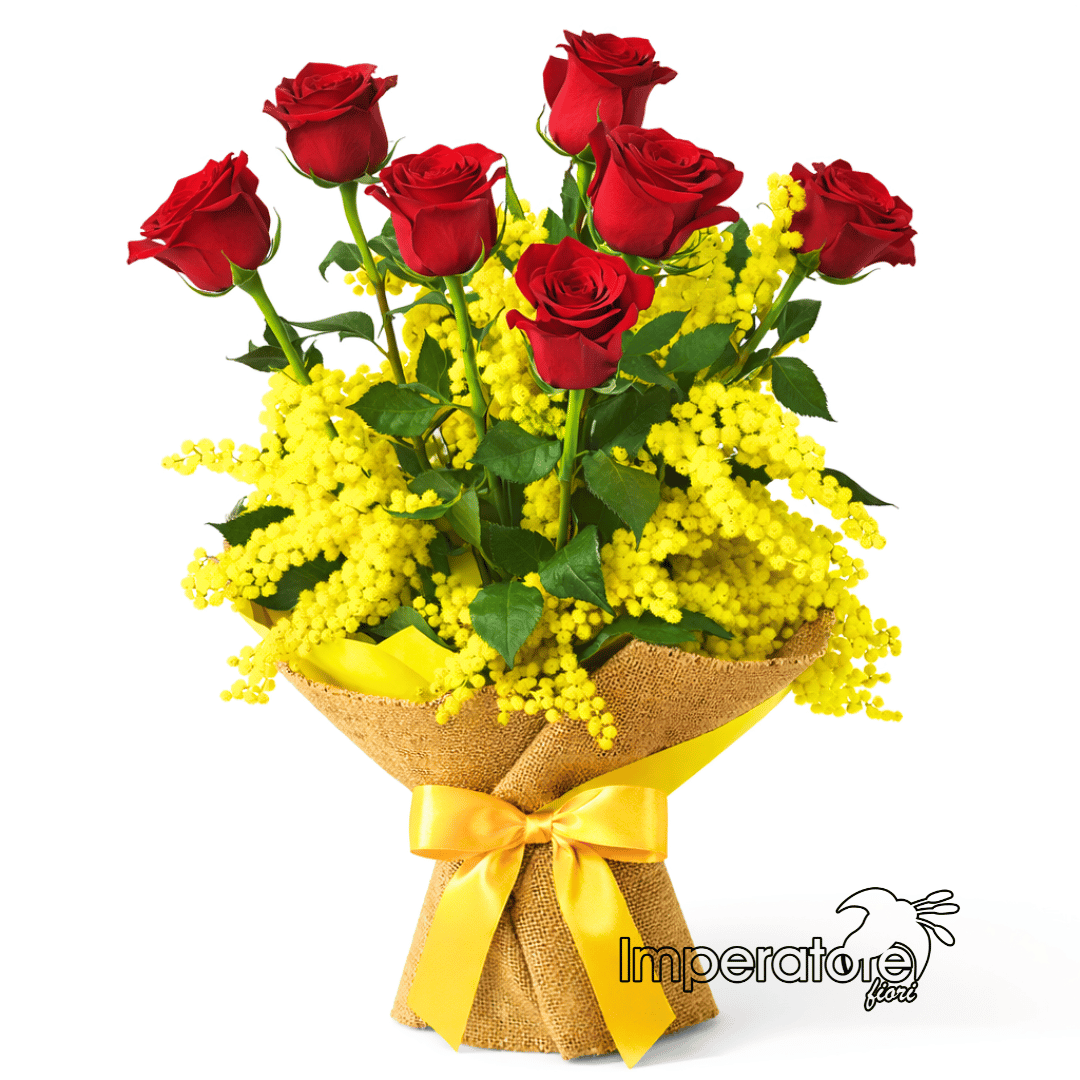 "Natural Passion": Bouquet di 7 Rose Rosse e Mimosa in Juta