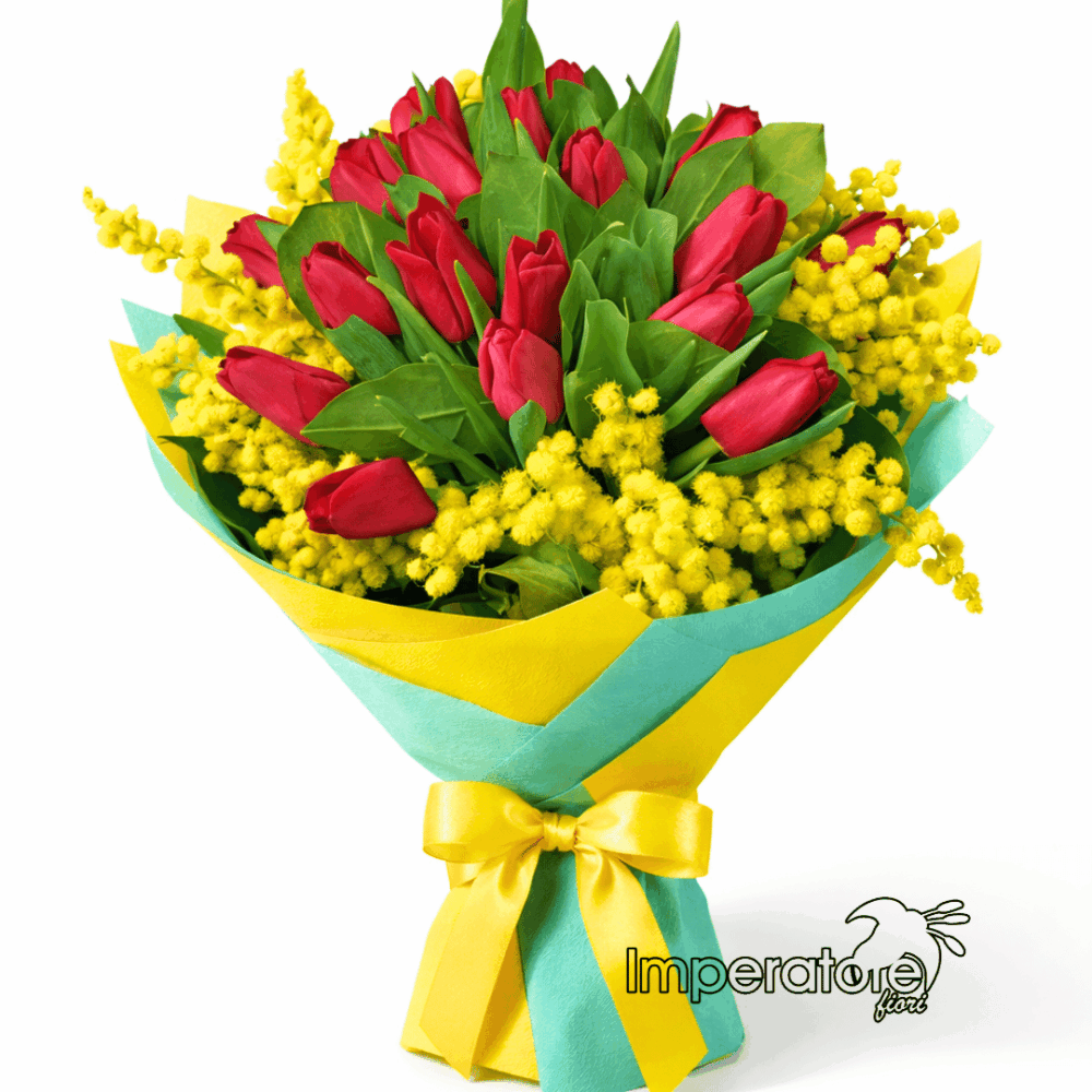 Bouquet di Tulipani Rossi e Mimosa