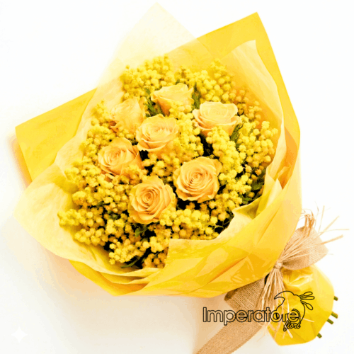 Bouquet Solare di Rose Gialle e Mimosa