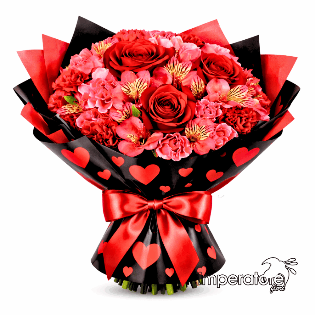 "Batticuore": Bouquet Misto con Rose Rosse, Alstroemeria e Carta Love