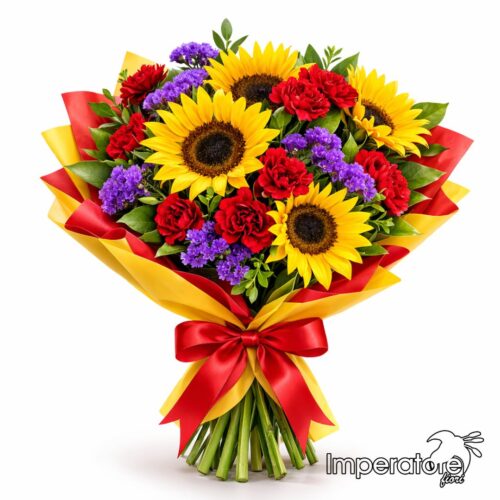 Bouquet Vibrante con Girasoli, Garofani Rossi e Statice
