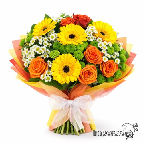 Bouquet Vivace con Gerbere Gialle e Rose Arancio