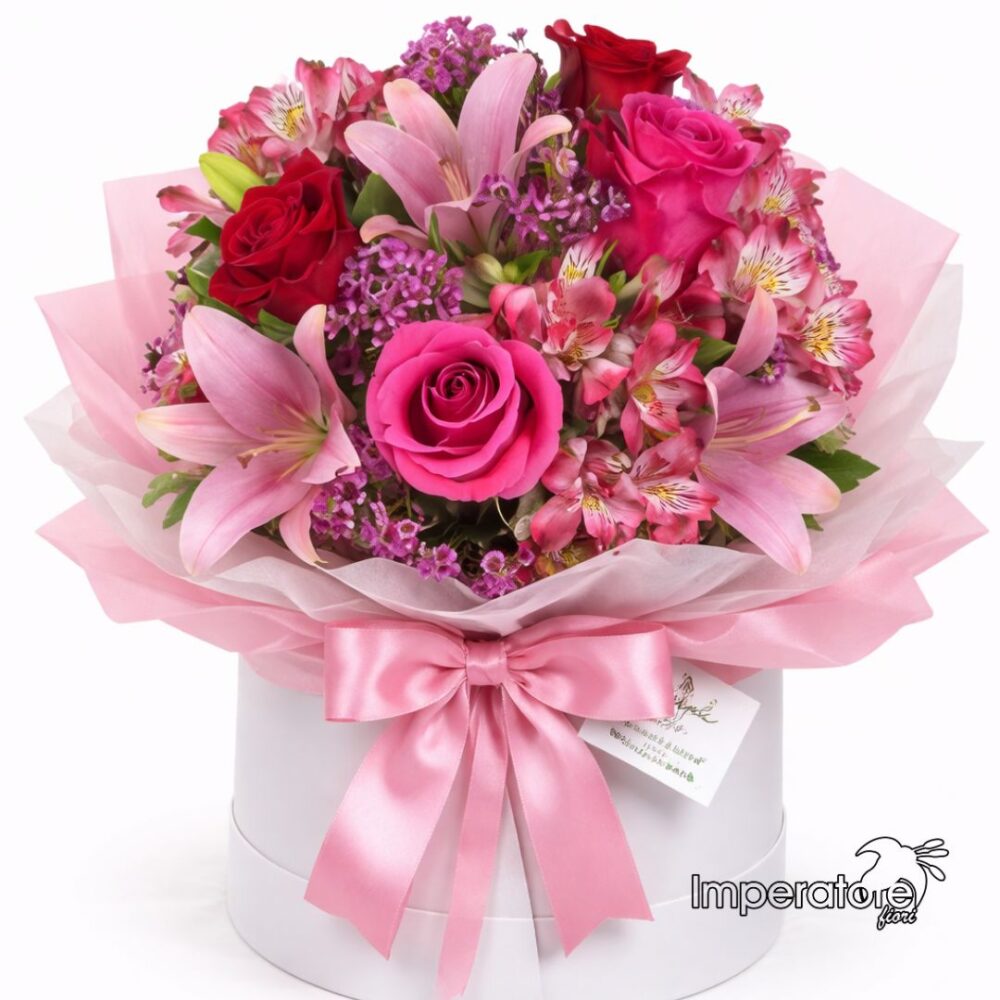 "Incanto Romantico": Lussuosa Box Bianca con Rose, Gigli e Alstroemerie Fresche