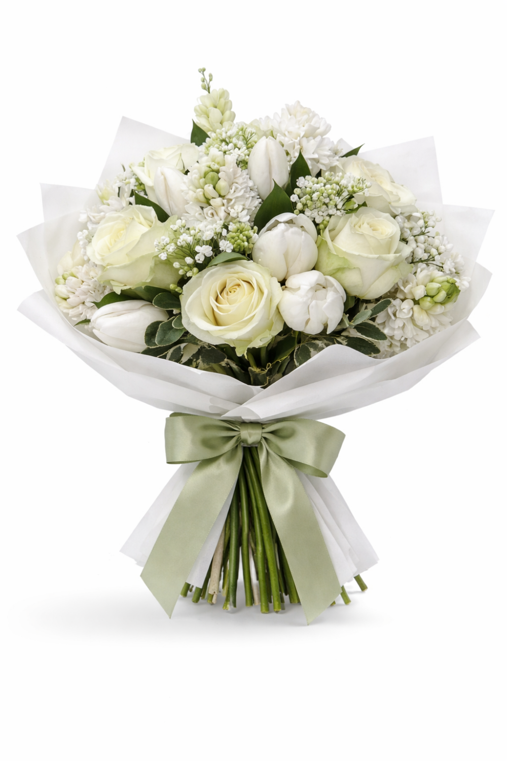 "Puro Incanto": Elegante Bouquet di Fiori Freschi con Rose e Tulipani Bianchi