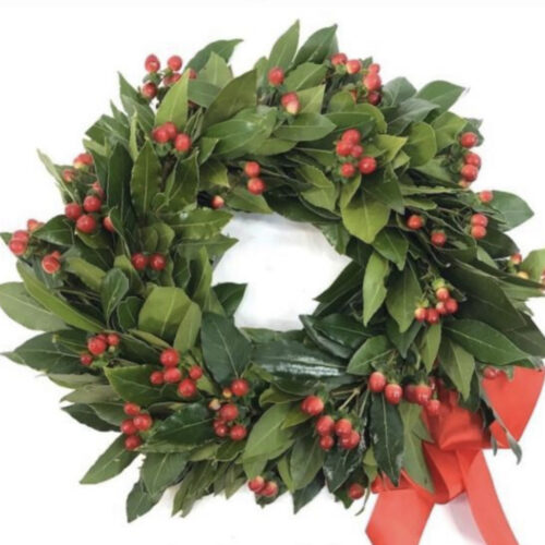 corona alloro con bacche e nastri