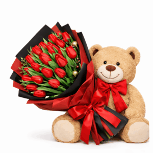Red Passion: Composizione di Tulipani e Peluche Luxury 50 Cm