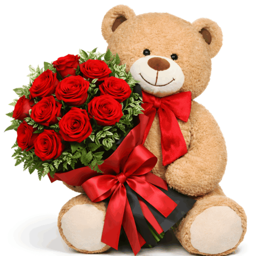 Abbraccio Infinito: Bouquet di Rose Rosse "Red Passion" e Orsacchiotto (50cm)