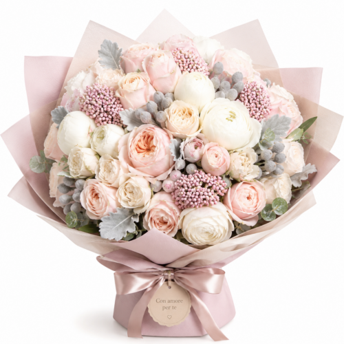 "Nuvola Cipria": Elegante Bouquet di Fiori Freschi con Rose Inglesi e Foglie Argentate