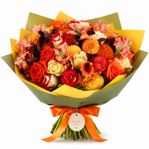 "Tramonto d'Autunno": Lussuoso Bouquet di Fiori Freschi nei Toni Caldi