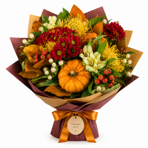 "Magia d'Autunno": Bouquet Scenografico di Fiori Freschi con Zucche Ornamentali