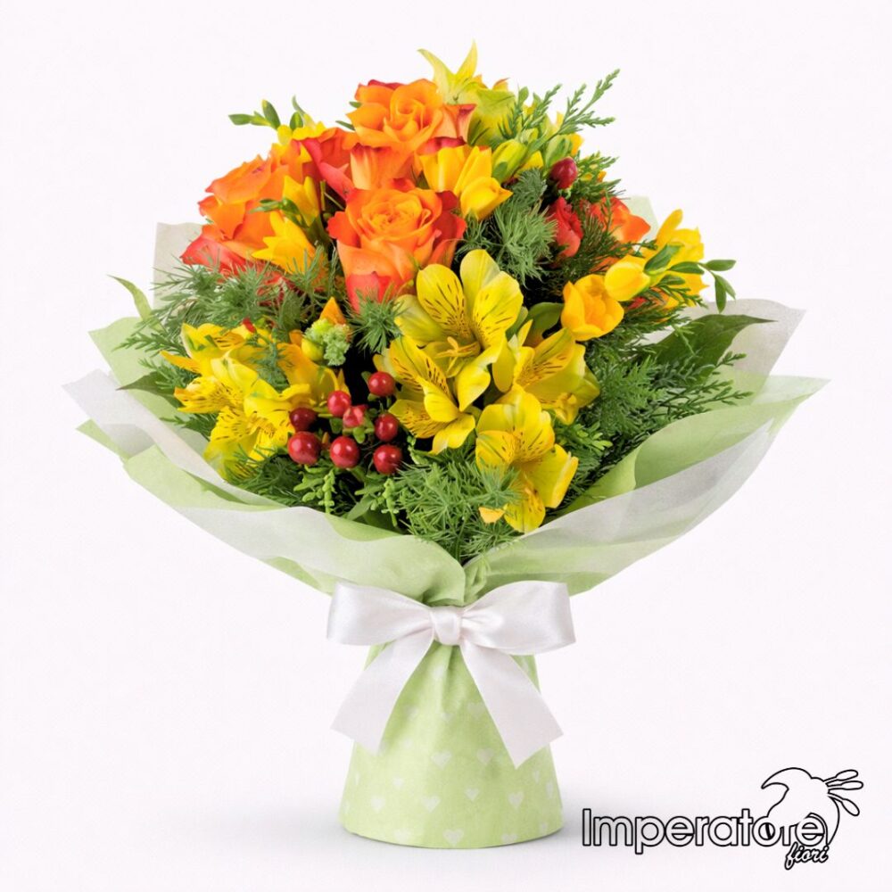 Bouquet Vivace con Rose Arancio, Alstroemeria e Bacche