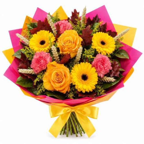 Bouquet di gerbere e rose con spighe