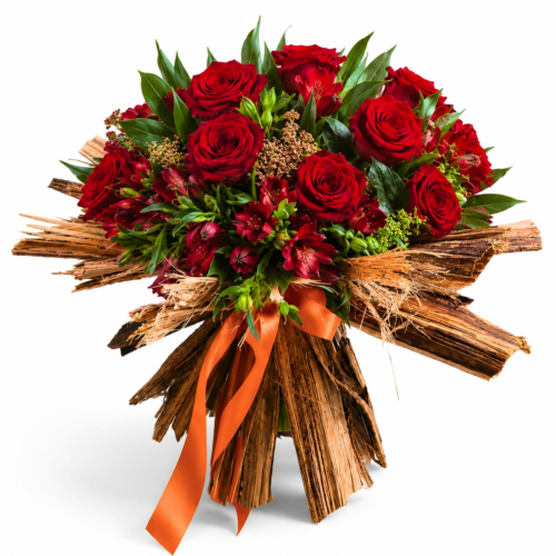 "Cuore Rustico": Bouquet Scultoreo di Rose Rosse Fresche e Corteccia
