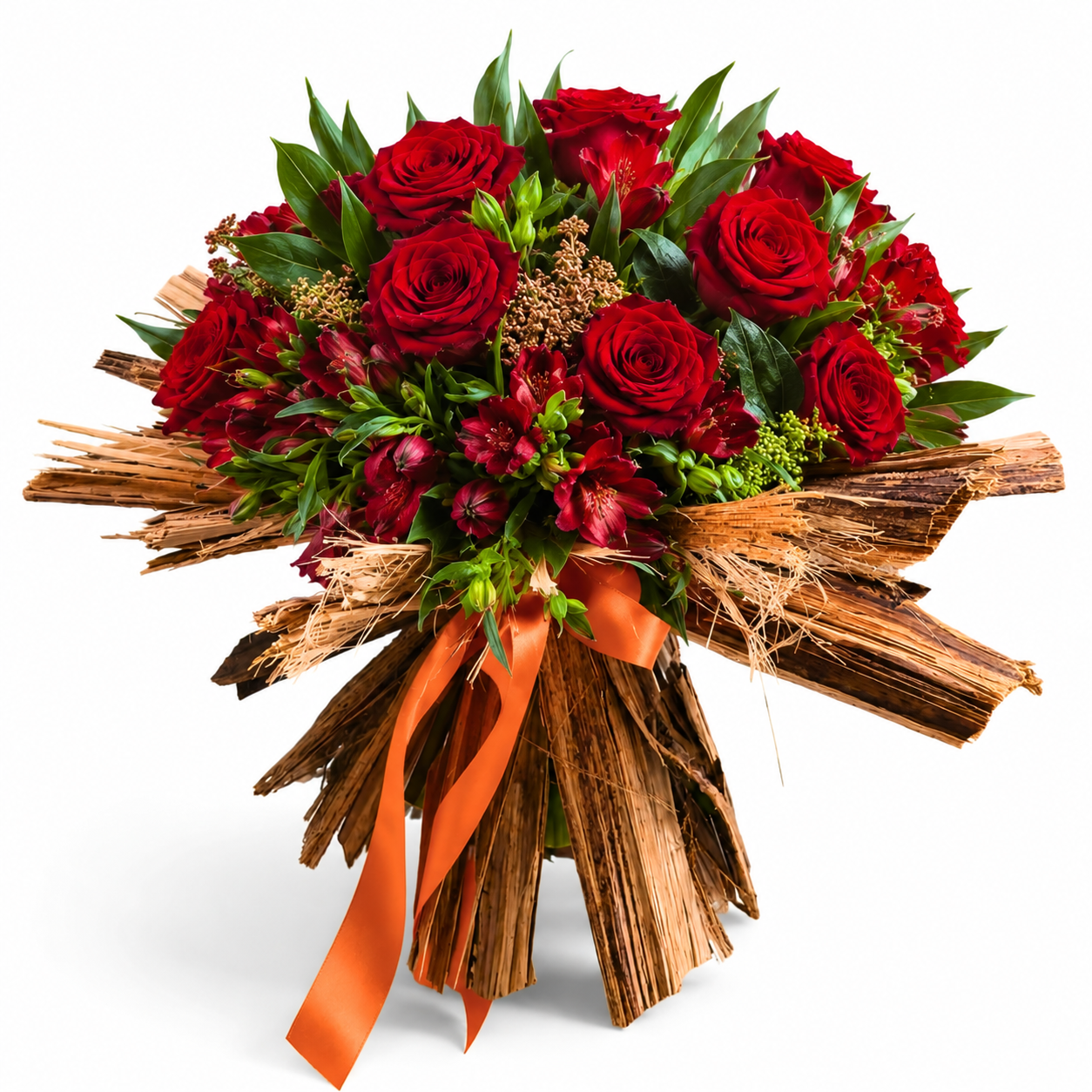"Cuore Rustico": Bouquet Scultoreo di Rose Rosse Fresche e Corteccia