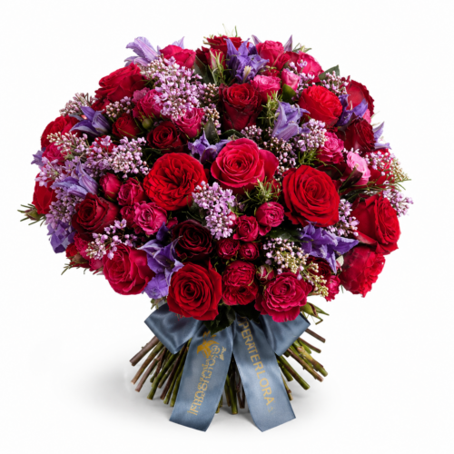 "Incanto Reale": Lussuoso Bouquet di Fiori Freschi con Rose Rosse e Lilla
