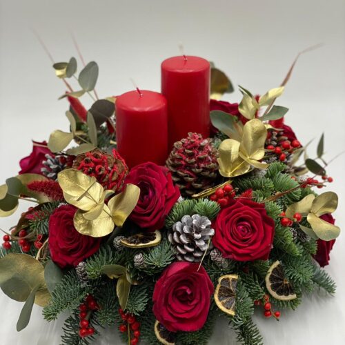 centro tavola 2 candele con rosso e oro