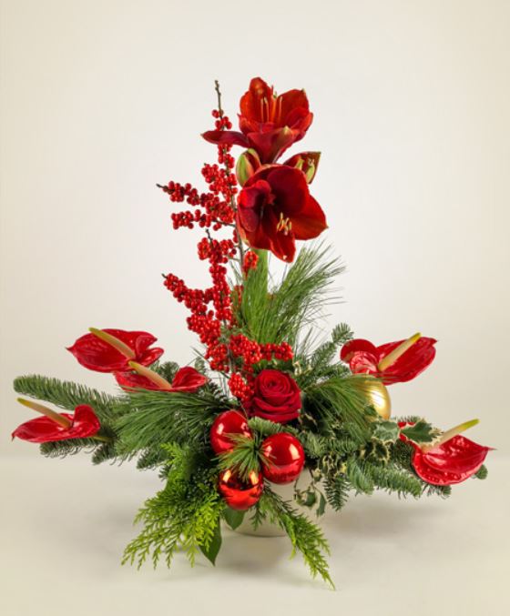 Centrotavola natalizio con Anthurium e Amaryllys rossi