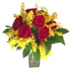 bouquet di mimosa e rose rosse