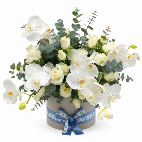 Flower Box Elegance Bianca – Orchidee, Rose ed Eucalipto