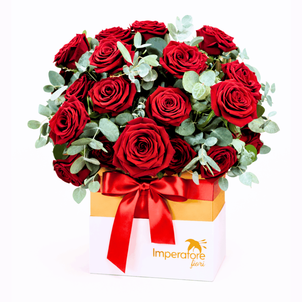 Luxury Flower Box con Rose Rosse ed Eucalipto