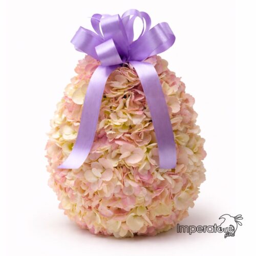 "Nuvola di Primavera": Elegante Scultura a Uovo con Ortensie Fresche e Nastro Lilla cm30
