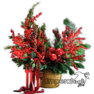 Composizione natalizia elegante con abete, bacche e sfere rosse – Piccola/Media/Grande