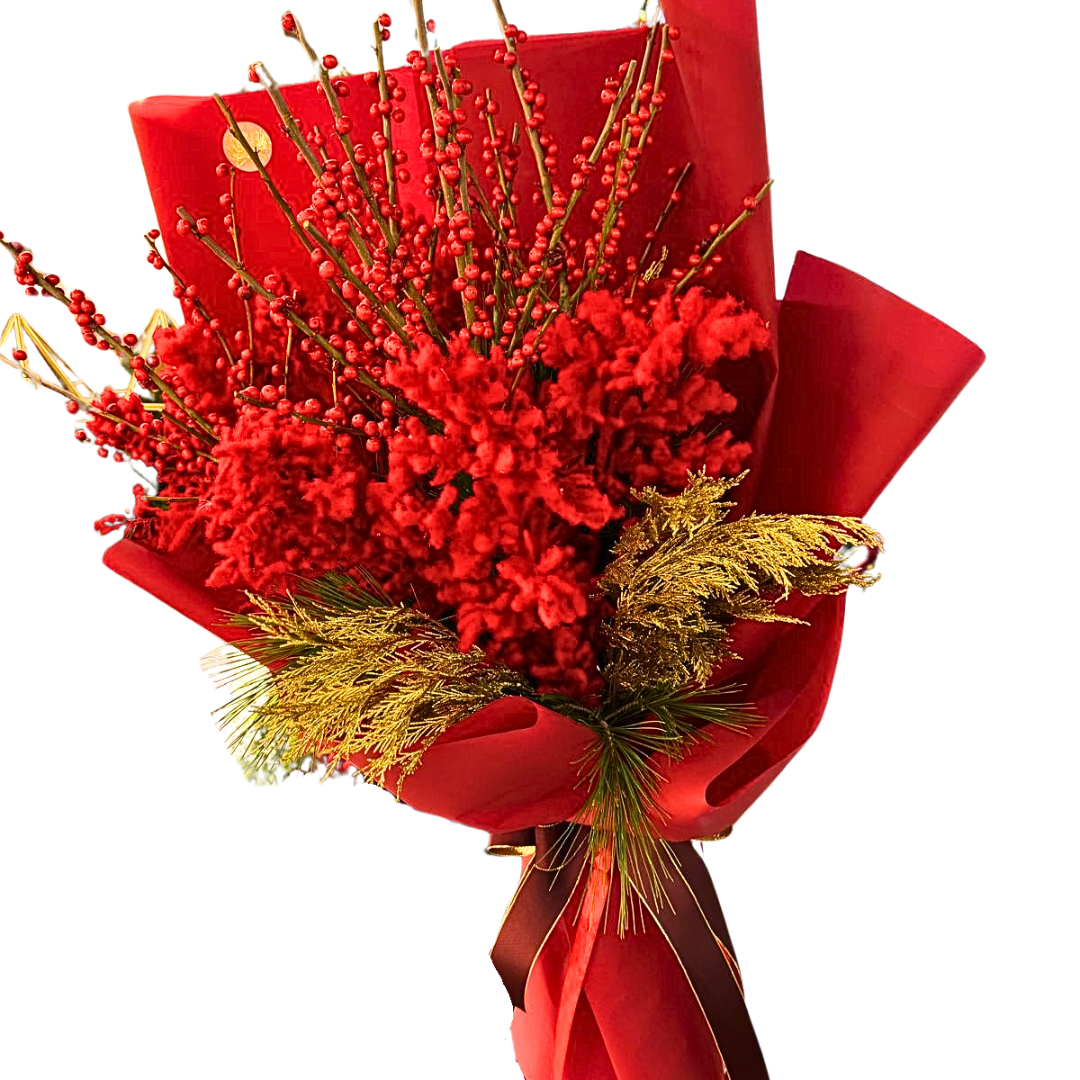 bouquet natalizio con ilex e pungitopo