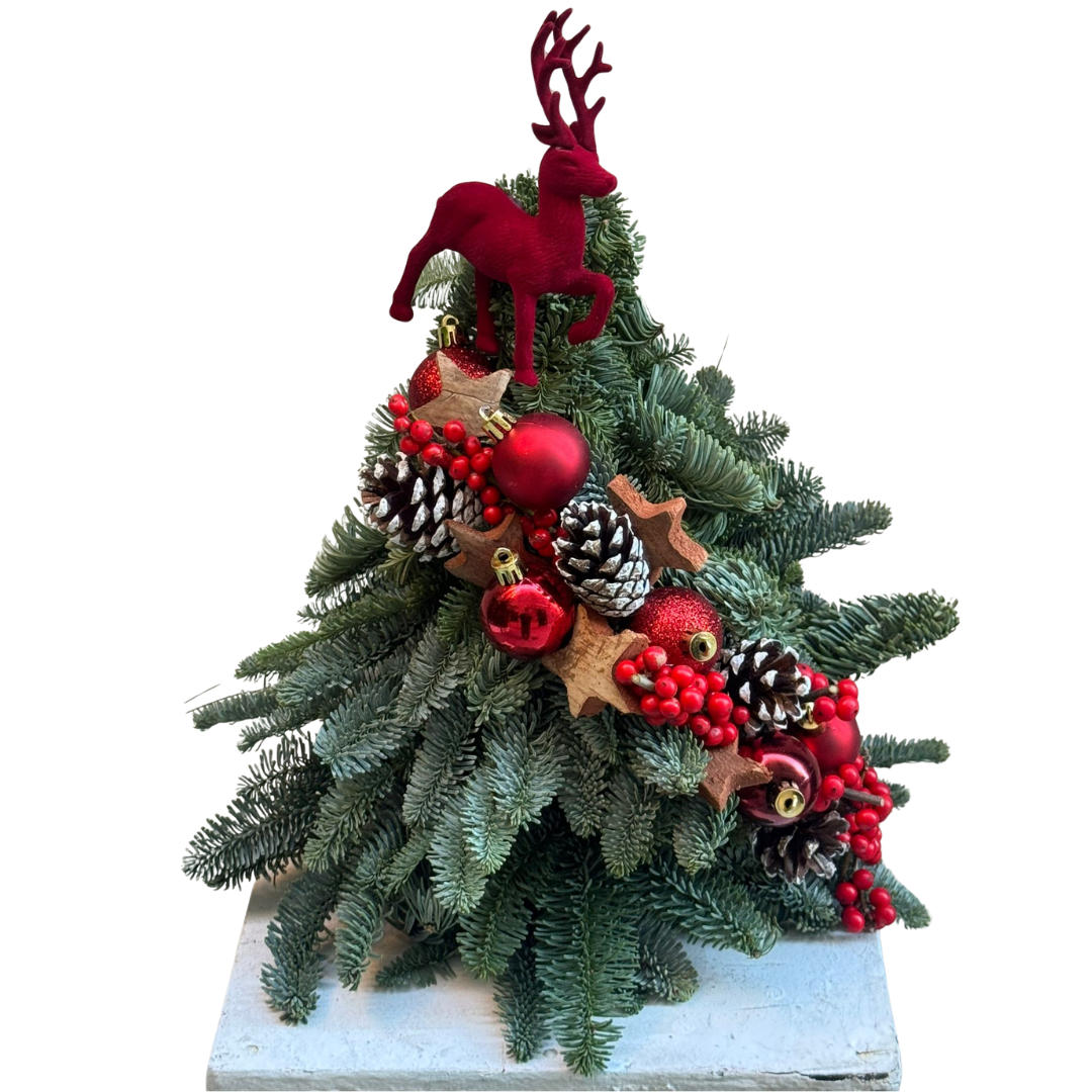 alberello di Natale in abete con decorazioni rosse