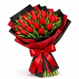 Red Passion: Mazzo di Tulipani Rossi Freschi con Fiocco in Raso