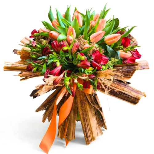 Bouquet "Calore Esotico" – Tulipani Arancio, Alstroemeria e Struttura in Foglie di Banano