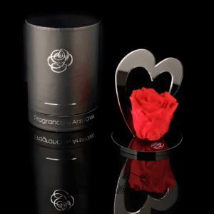 Rosa Stabilizzata Profumata con Cuore in Vetro – H 12 cm (Rosa Eterna)