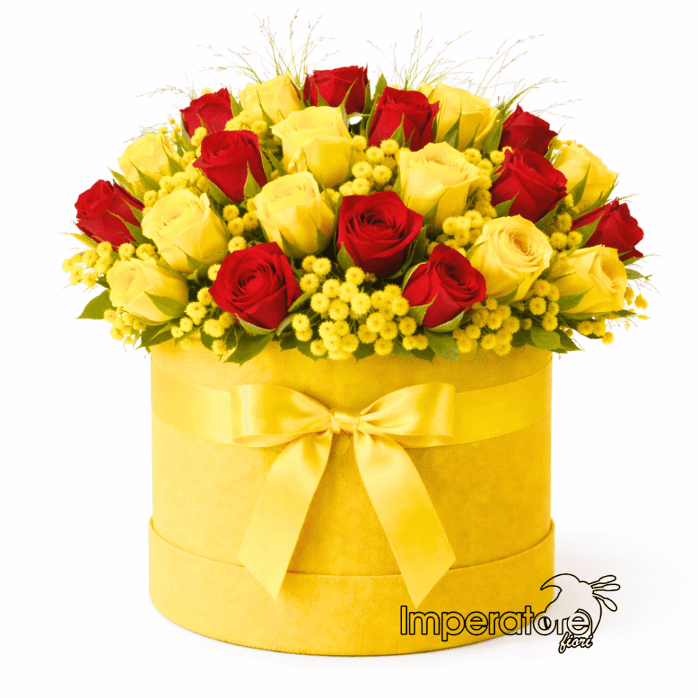 Flower Box Lusso con Rose Rosse, Gialle e Mimosa