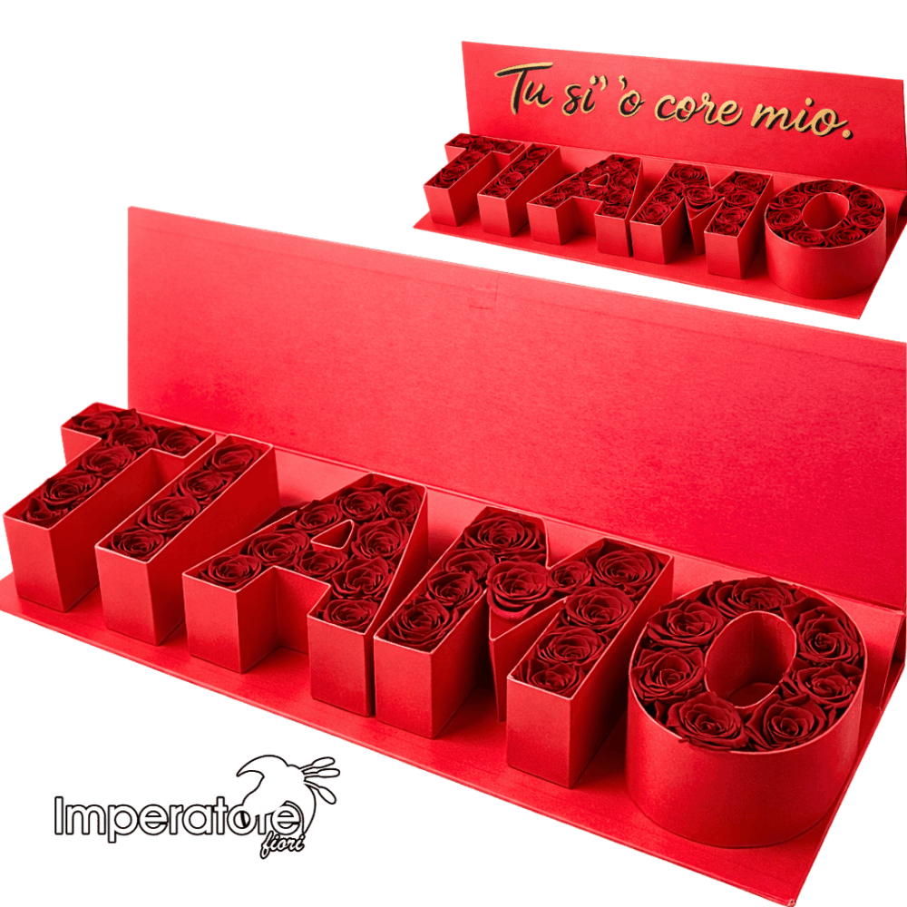 Maxi Box Scritta "TI AMO" con Rose Rosse Stabilizzate Personalizzabile