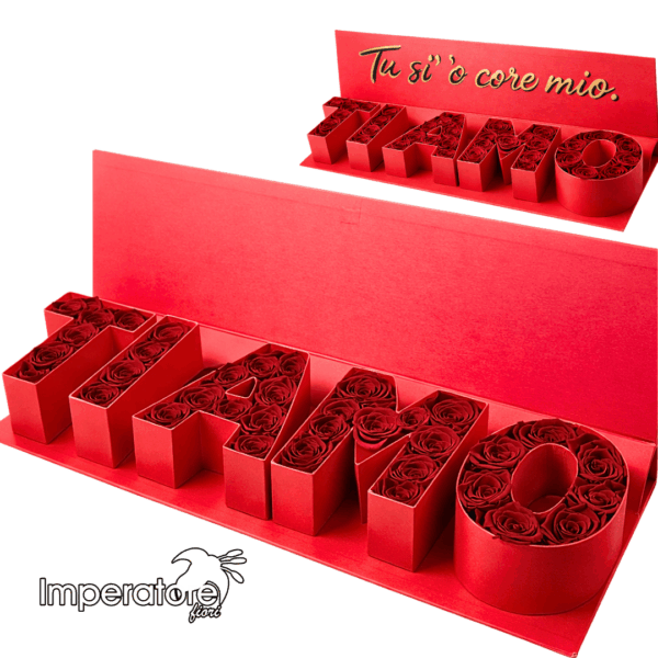 Maxi Box Scritta "TI AMO" con Rose Rosse Stabilizzate Personalizzabile