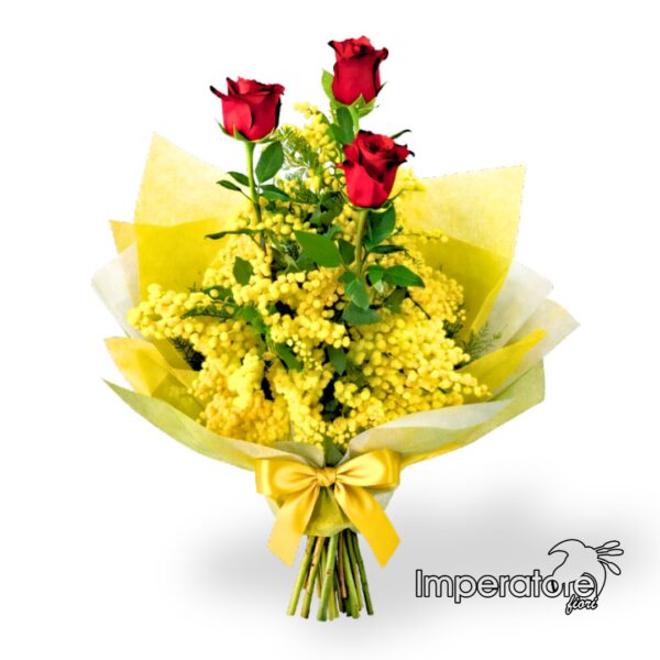 "Omaggio Donna": Fascio di Mimosa e 3 Rose Rosse