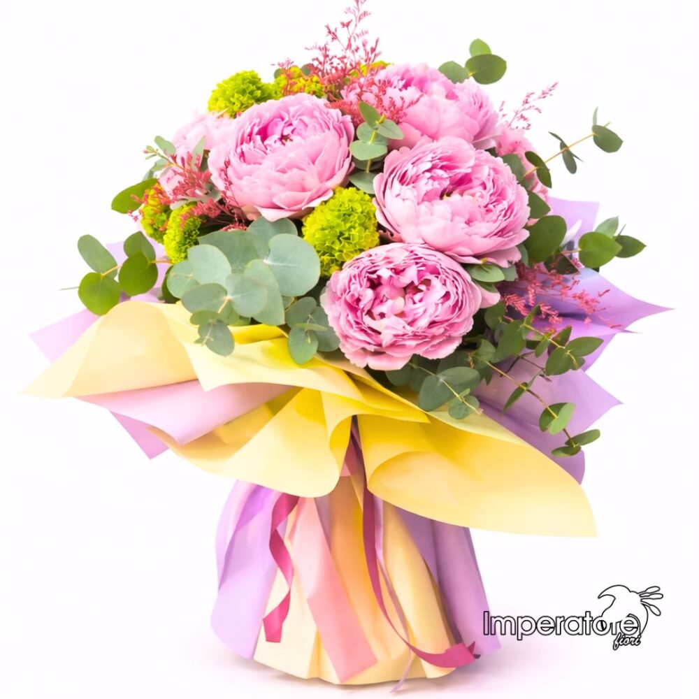Vivace Bouquet con Peonie Rosa Fresche e Eucalipto