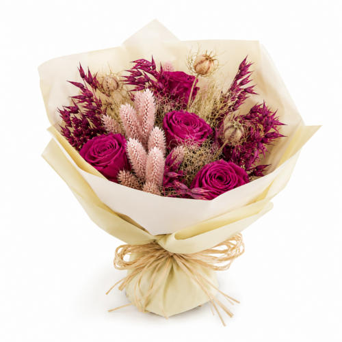Elegante Bouquet Boho-Chic 100% Fiori Secchi con Rose Magenta