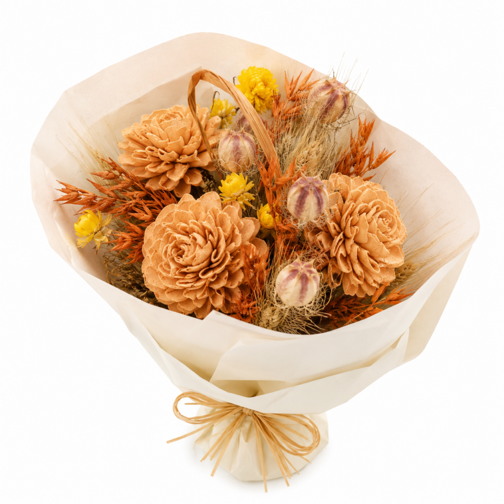 Elegante Bouquet Boho-Chic di Fiori Secchi e Legno Naturale