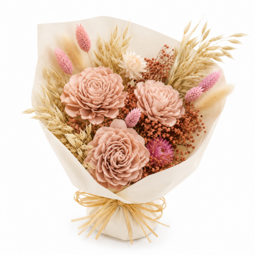 "Sussurro Pesca": Romantico Bouquet Boho-Chic in Fiori Secchi e Legno Naturale