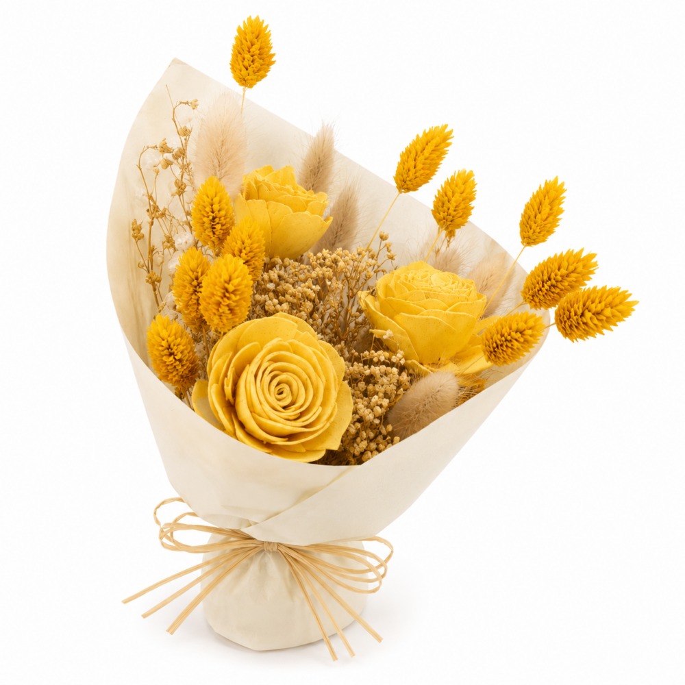"Luce d'Oro": Radioso Bouquet Boho-Chic in Fiori Secchi e Legno Naturale
