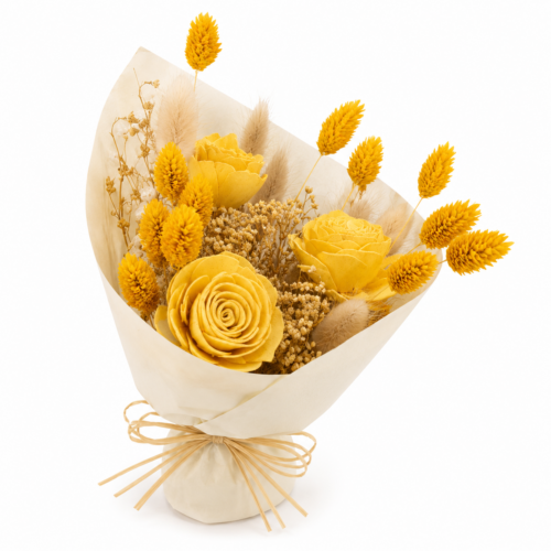 "Luce d'Oro": Radioso Bouquet Boho-Chic in Fiori Secchi e Legno Naturale