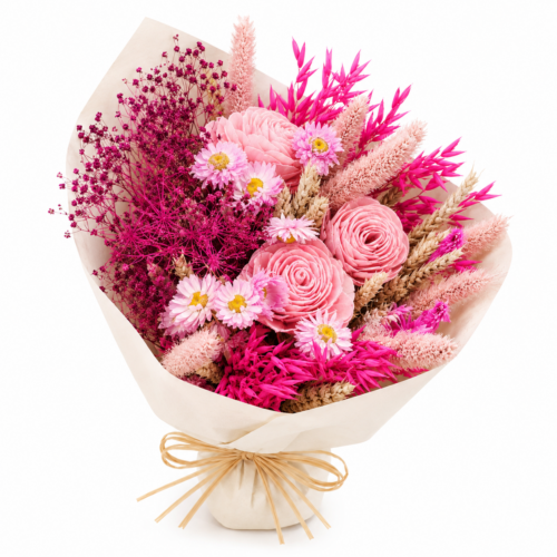 "Esplosione Magenta": Vivace Bouquet Boho-Chic in Fiori Secchi e Legno Naturale