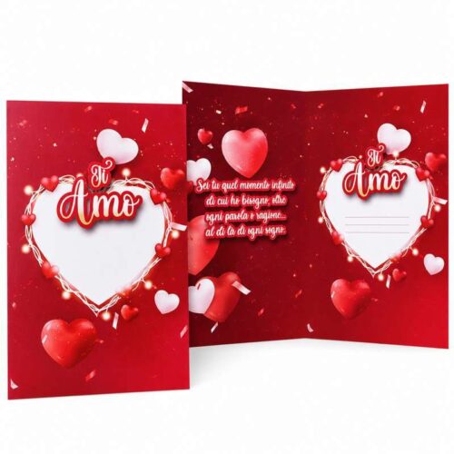 Biglietto Augurale "Ti Amo" Rosso con Cuori – Cartolina Romantica per Bouquet e Regali d'Amore