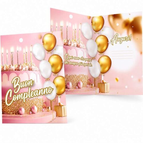 Biglietto Augurale "Buon Compleanno" Rosa Elegante con Torta e Palloncini – Cartolina per Bouquet e Regali