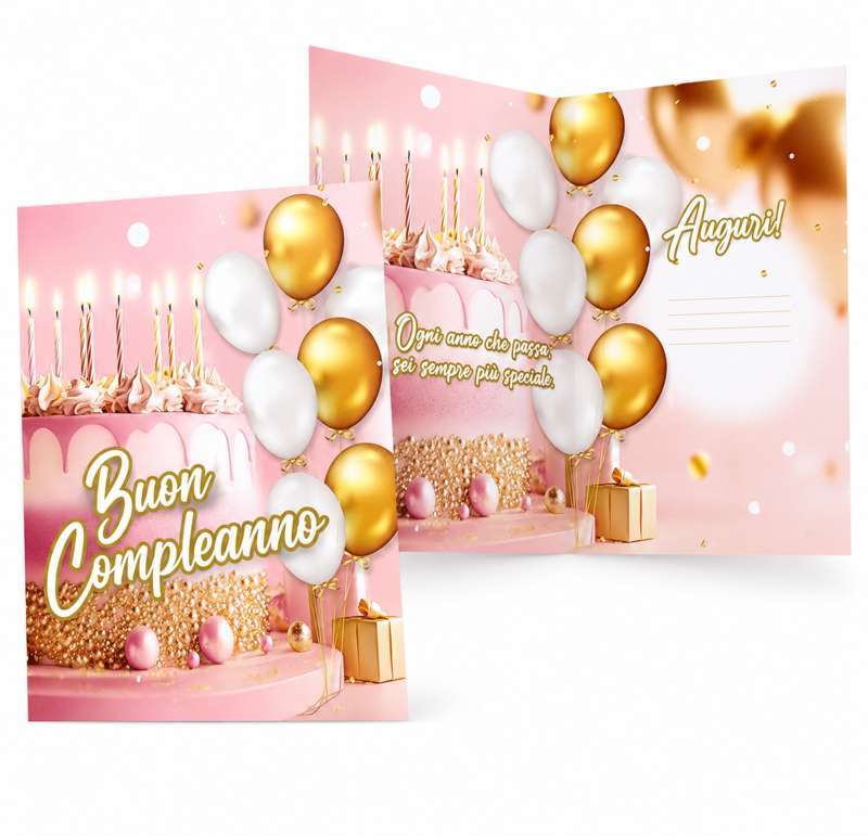 Biglietto Augurale "Buon Compleanno" Rosa Elegante con Torta e Palloncini – Cartolina per Bouquet e Regali