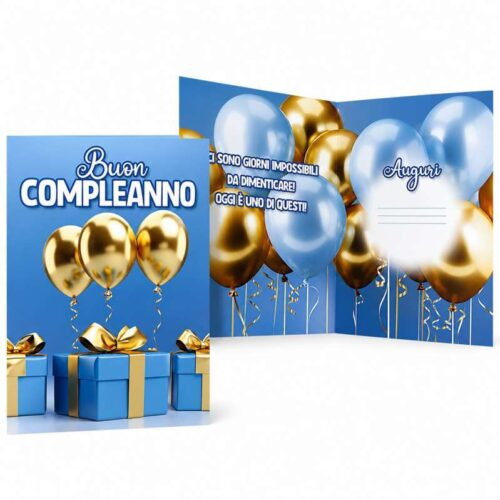 Biglietto Augurale "Buon Compleanno" Blu con Palloncini Dorati – Cartolina Elegante per Bouquet e Regali