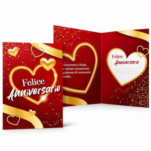Biglietto Augurale "Felice Anniversario" con Cuori Dorati – Cartolina Romantica per Bouquet e Regali