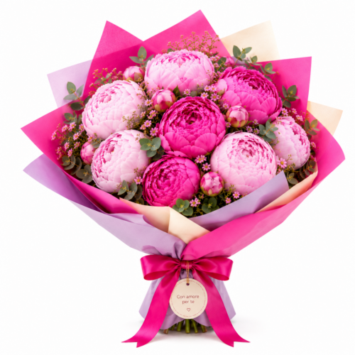 Lussuoso Bouquet di Peonie Fresche Rosa e Magenta